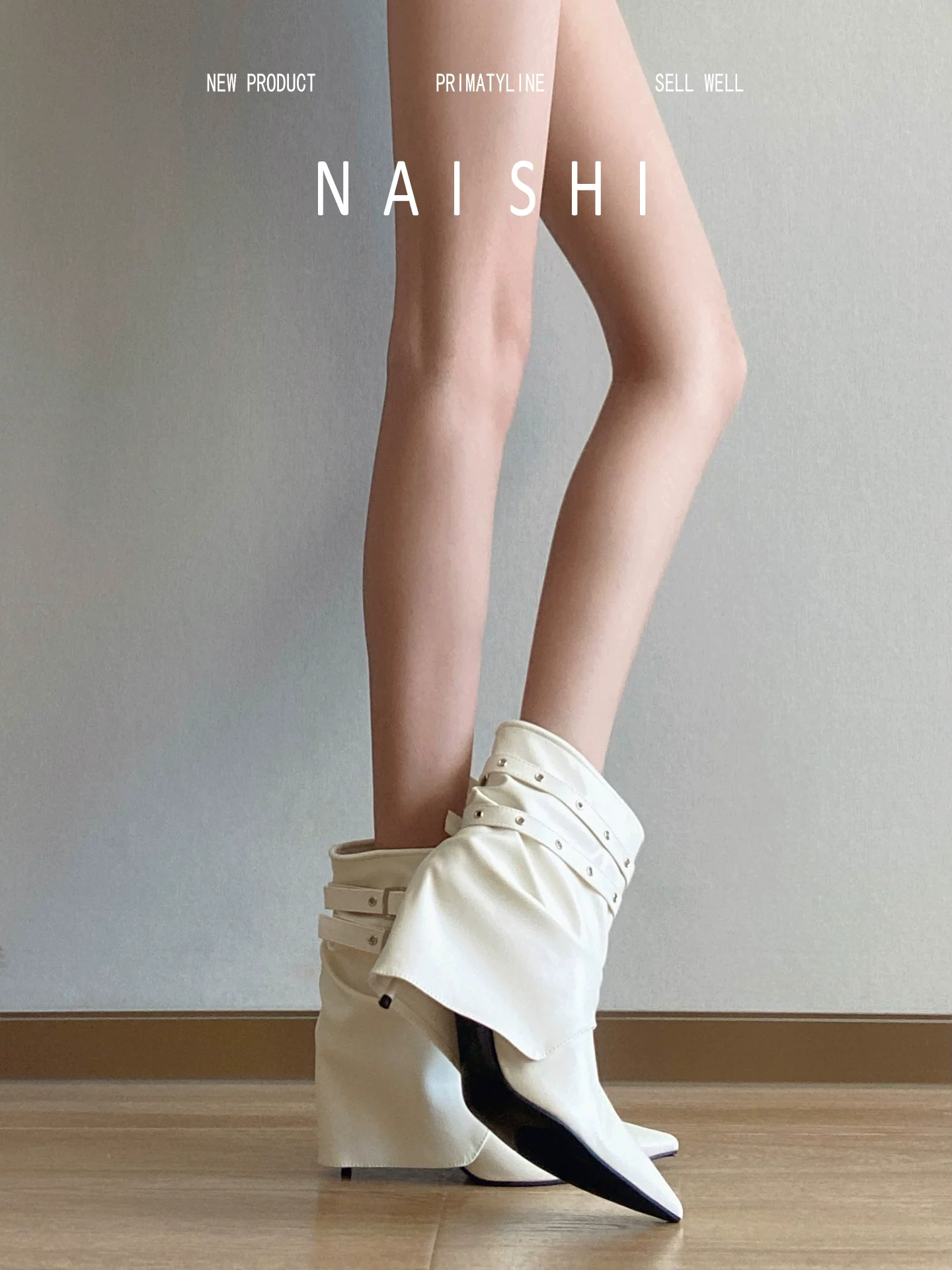 Phiên bản da cừu! Giày bốt cao gót mũi nhọn thời trang mang phong cách Pháp cao cấp, bốt trắng phối dây lưng, bốt cao gót dáng thon.