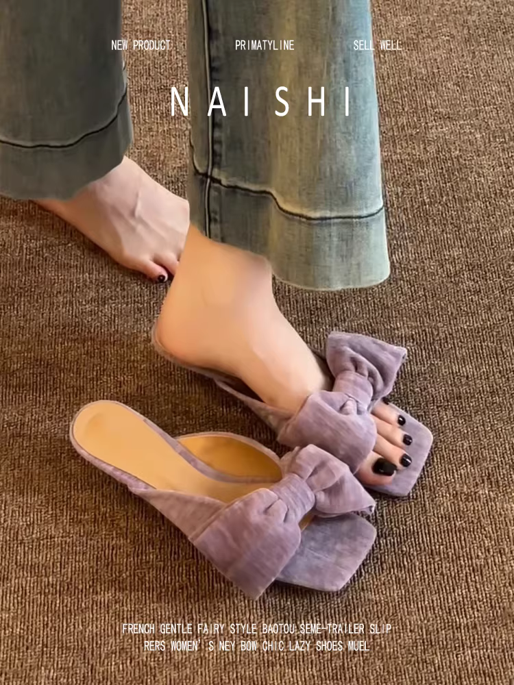 Phiên bản da cừu! Dép xỏ ngón kiểu Pháp đi cùng váy, dép xỏ ngón gót thấp bằng da lộn đa năng có nơ dành cho nữ.