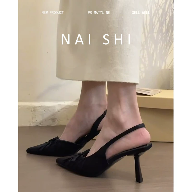 Phiên bản da cừu! Dép sandal nữ kiểu Pháp màu đen, mũi kín, có nơ, khoét bên, gót cao, giày mũi nhọn gợi cảm.