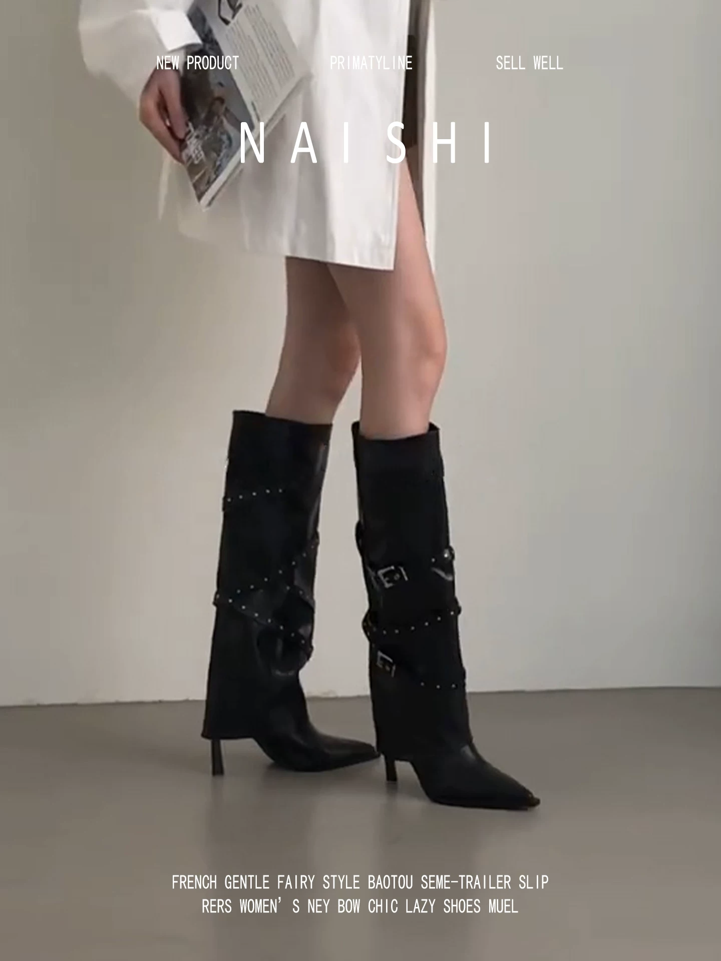Phiên bản da cừu! Giày bốt nữ mũi nhọn đế thẳng kiểu hot girl, giày cao gót đinh tán phong cách punk, giày cao cổ có khóa thắt lưng.
