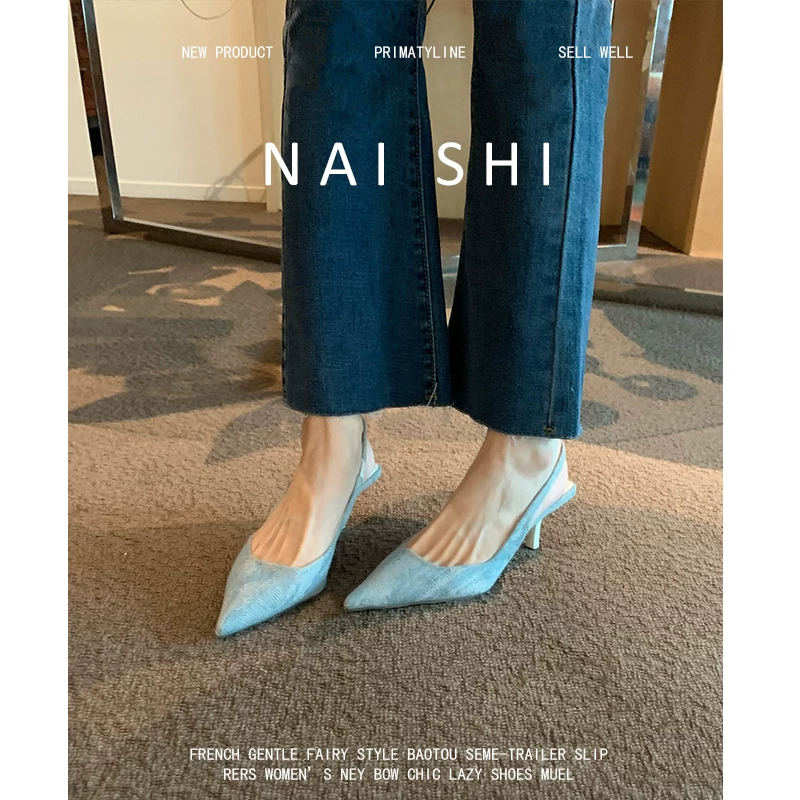 Phiên bản da cừu! Giày cao gót nữ mũi nhọn, không gót, chất liệu denim, kiểu dáng Pháp, thiết kế độc đáo, sandal mũi kín.