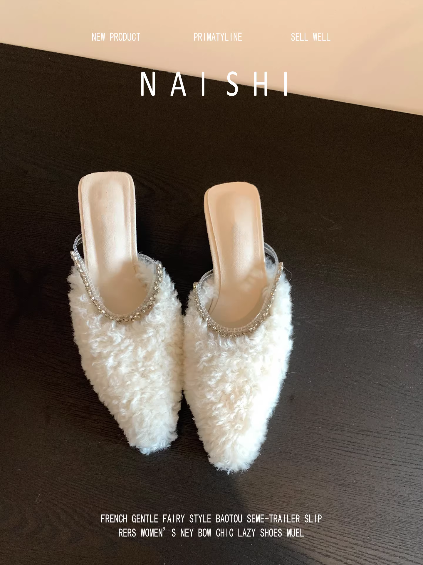 Phiên bản da cừu! Dép lông trắng dành cho nữ, đi ngoài trời, quai đính đá, dép mũi nhọn, giày cao gót kiểu tiên nữ.