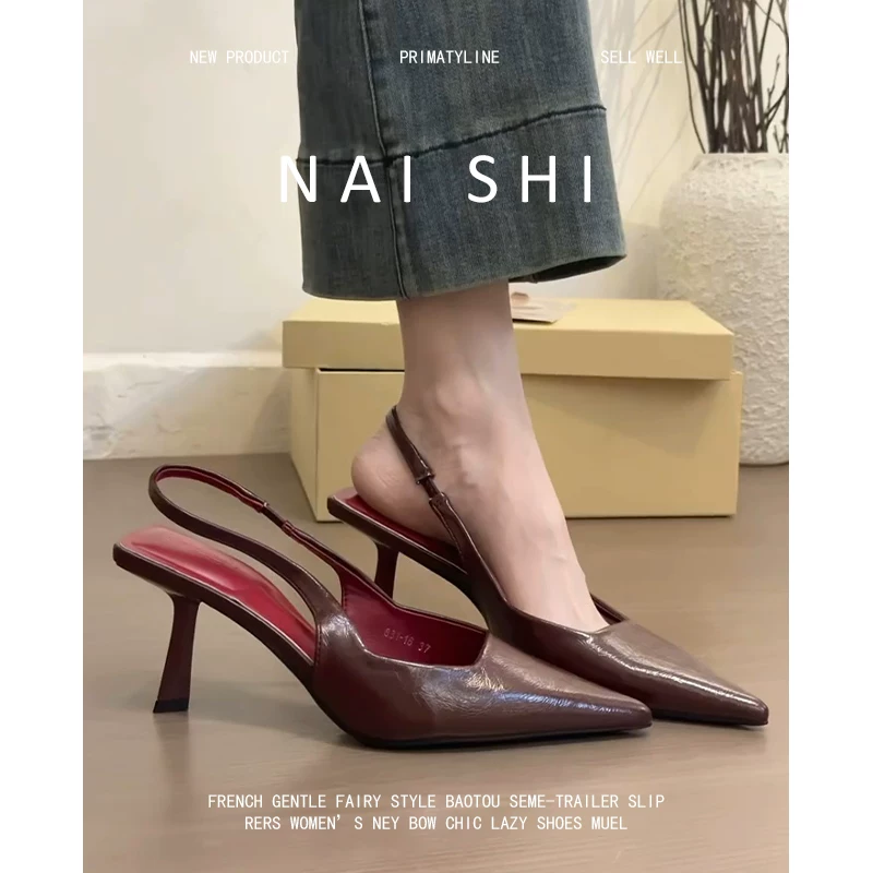 Phiên bản da cừu! Dép sandal nữ kiểu cổ điển, quai đơn, mũi nhọn nông, gót cao, kiểu Pháp.