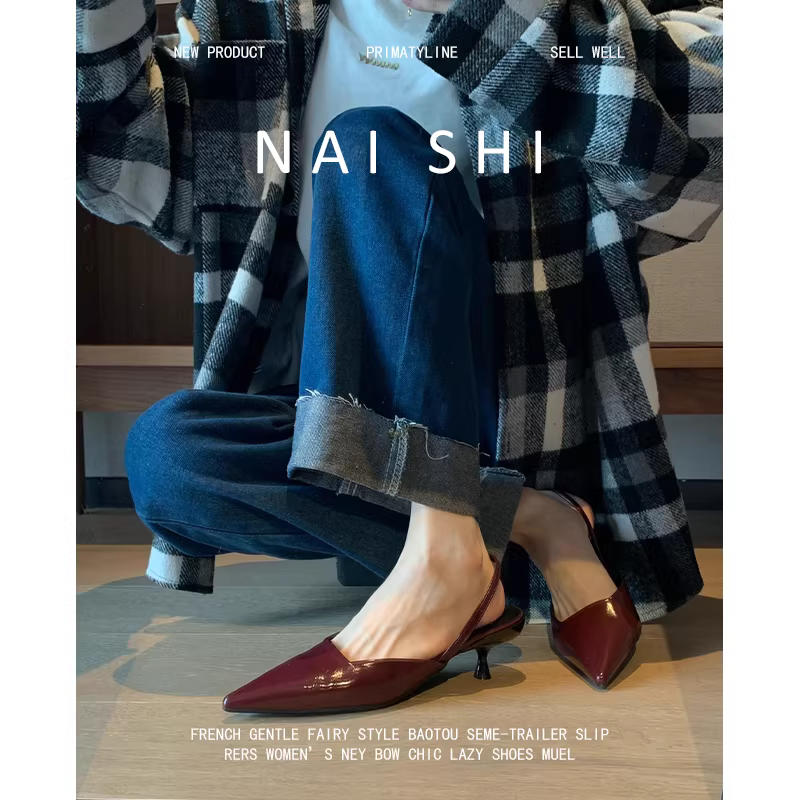 Phiên bản da cừu! Giày cao gót kiểu Pháp dành cho nữ có dây đeo phía sau, mũi nhọn, giày đơn thanh lịch, dép kín mũi màu đỏ cổ điển.