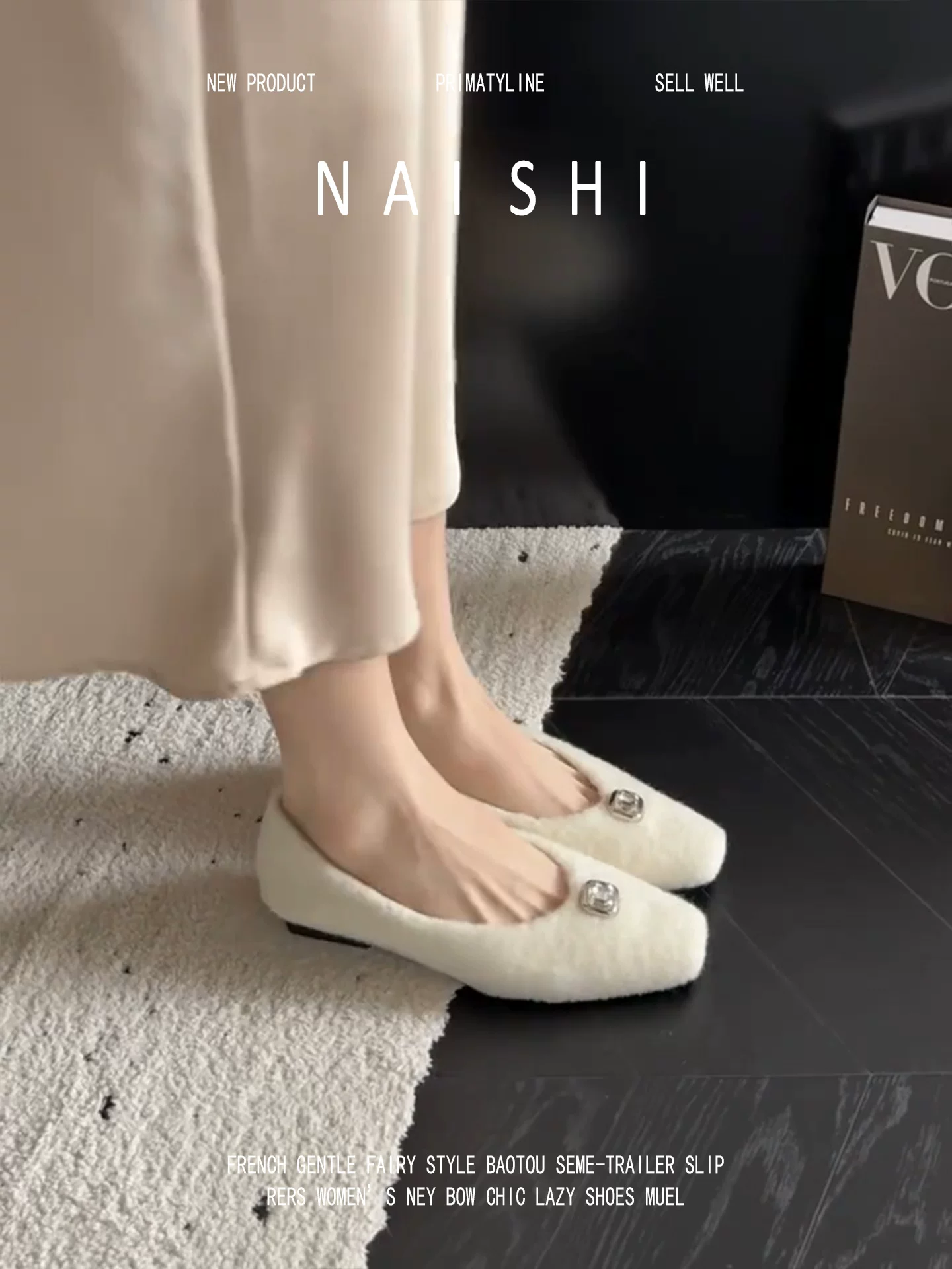 Phiên bản da cừu! Giày đơn bằng len trắng dành cho nữ, mũi vuông, phong cách Chanel thanh lịch, giày Mary Jane lót lông cừu, gót dày, giày lười đính đá.
