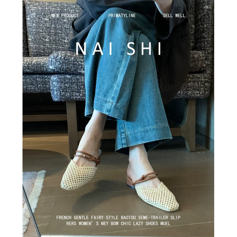 Phiên bản da cừu! Dép đi biển kiểu retro dành cho nữ, phong cách kỳ nghỉ hè, dép nửa kín mũi dệt thoáng khí, kiểu giản dị để đi ngoài trời.