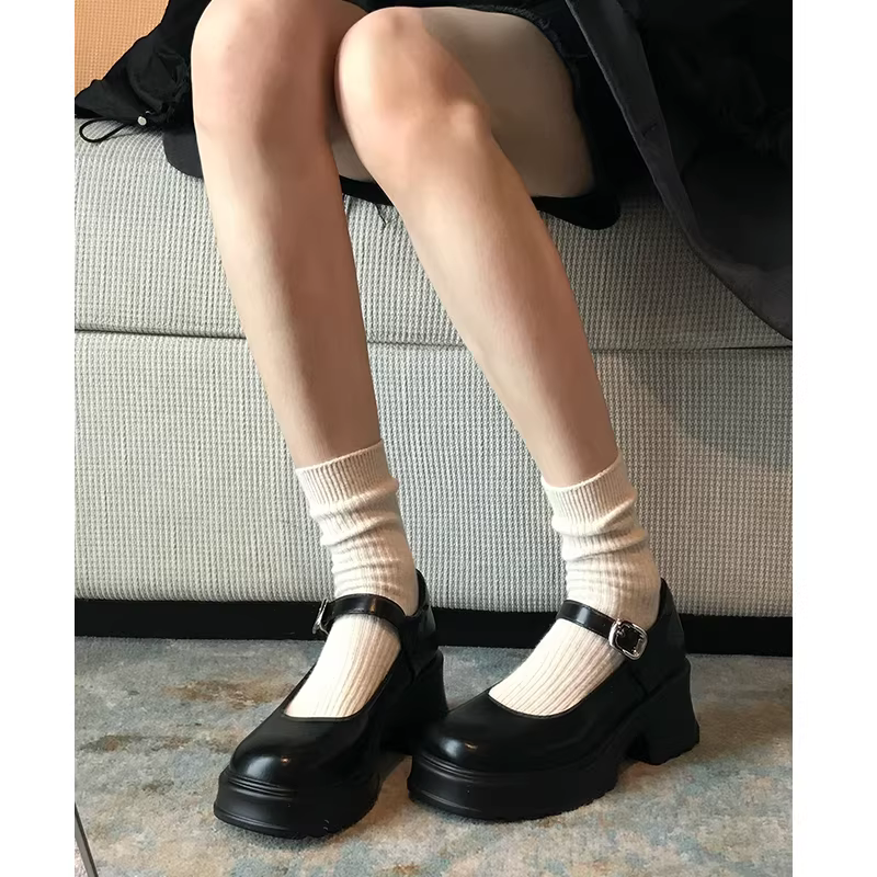 Phiên bản da cừu! Giày Mary Jane đế dày tăng chiều cao dành cho nữ, giày đơn kiểu đồng phục JK Nhật Bản, giày da miệng nông quai đơn có gót dày.