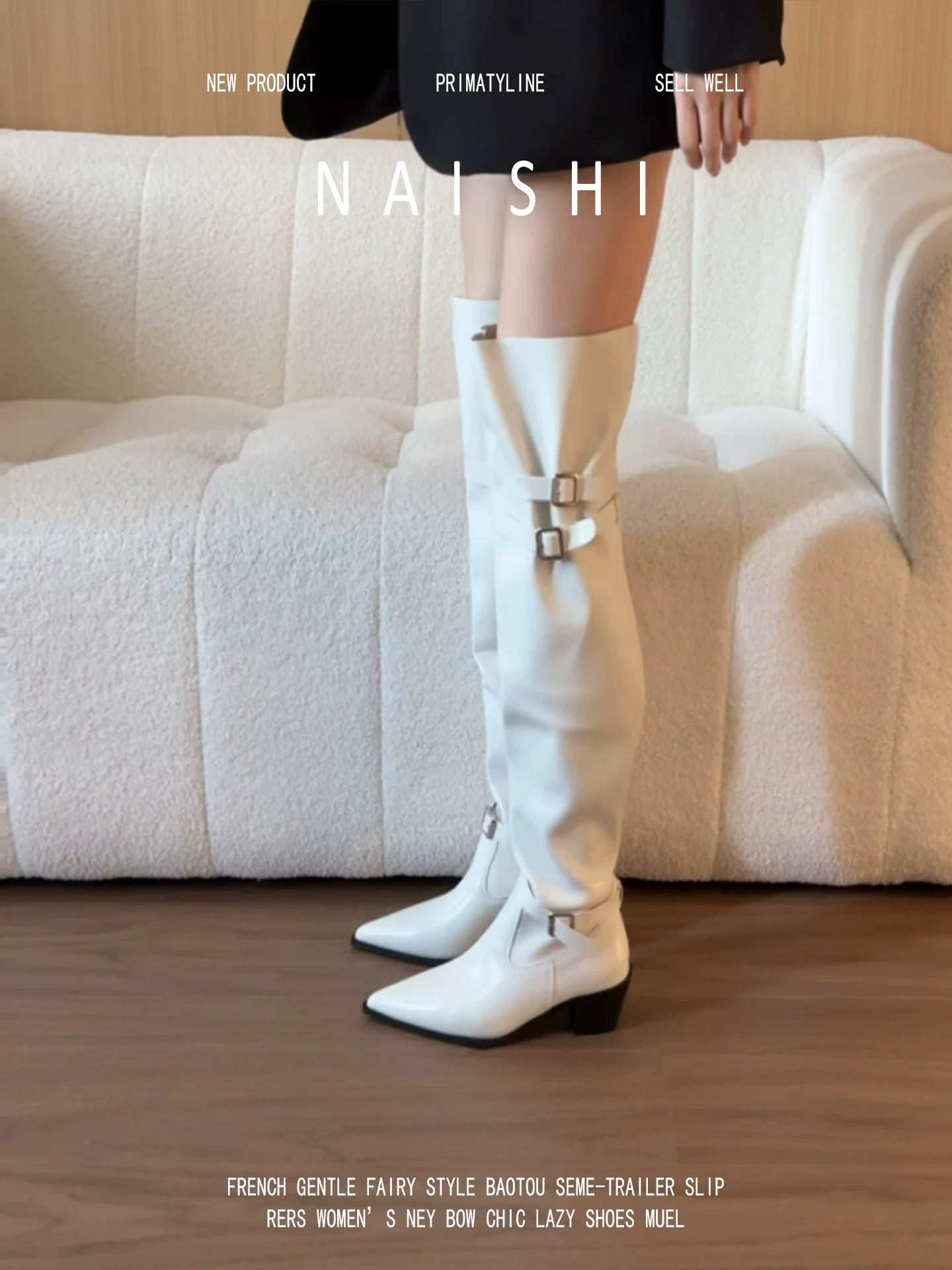 Phiên bản da cừu! Giày bốt nữ cao quá đầu gối mũi nhọn, có khóa thắt lưng, thân rộng, gót dày thon gọn, kiểu bốt miền Tây màu trắng.