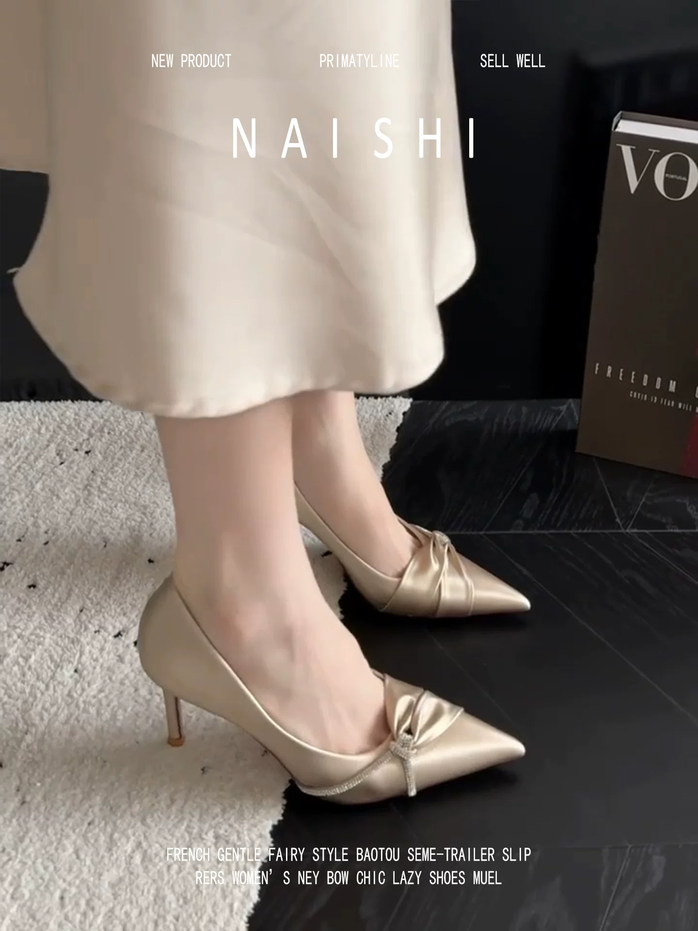 Phiên bản da cừu! Giày cao gót màu sâm panh dành cho nữ, giày đơn mũi nhọn đính đá phong cách quý tộc Pháp, giày cưới bằng satin gót nhọn.