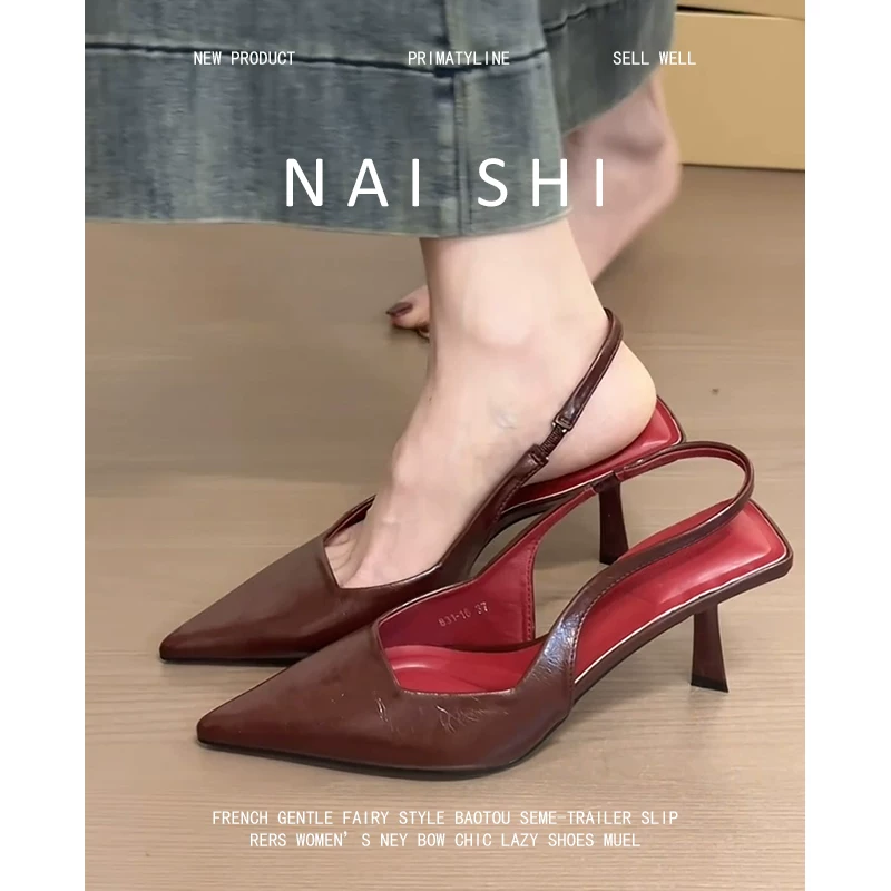 Phiên bản da cừu! Giày mules mũi nhọn dành cho nữ, giày cao gót hở gót kiểu Pháp, giày cao gót nhọn, giày đơn giản thanh lịch.