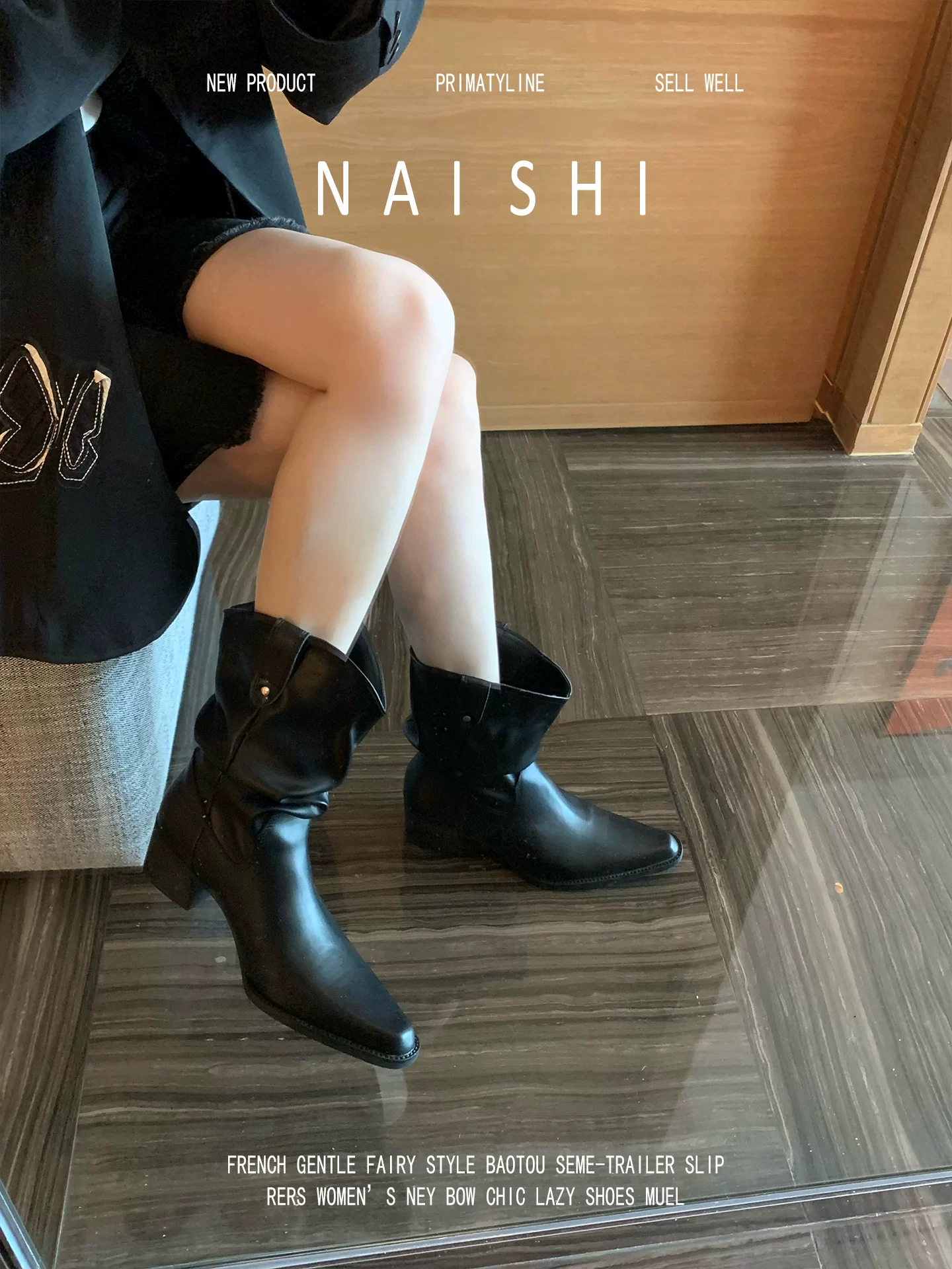 Phiên bản da cừu! Giày bốt cưỡi ngựa màu đen kiểu chữ V dành cho nữ, gót dày, bốt ngắn, bốt lười, phong cách wasteland, mũi nhọn, bốt cao bồi miền Tây.