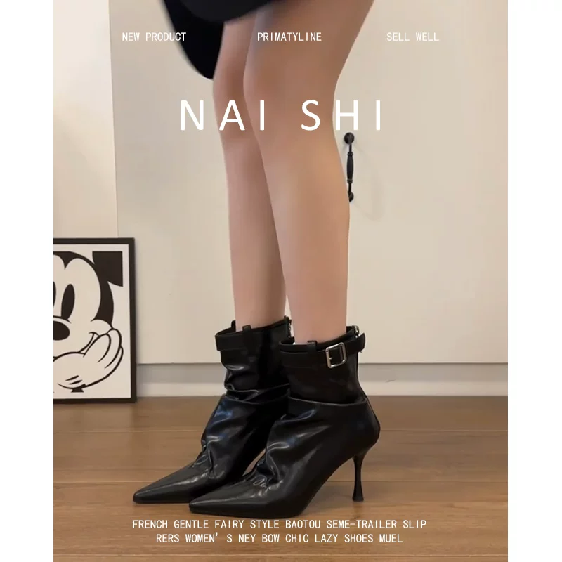 Phiên bản da cừu! Giày bốt cao gót ngắn có khóa thắt lưng thời trang dành cho nữ, mũi nhọn, bốt xếp ly, da thật, gót nhọn thanh lịch, bốt co giãn.