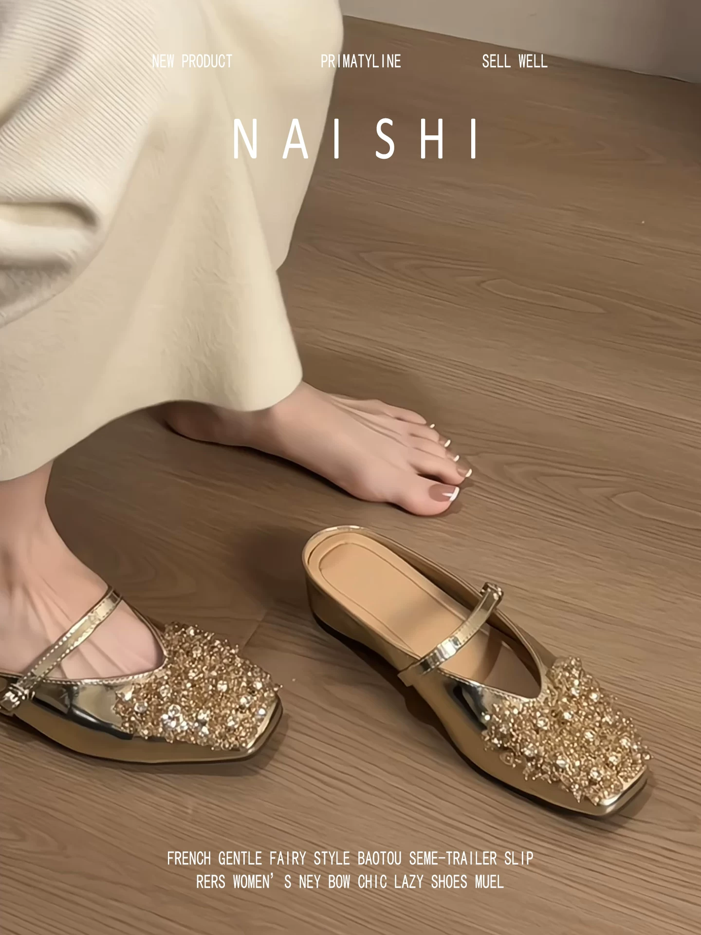 Phiên bản da cừu! Dép đế xuồng đính đá phong cách Pháp dành cho nữ, mũi vuông, màu vàng, kiểu Mary Jane.