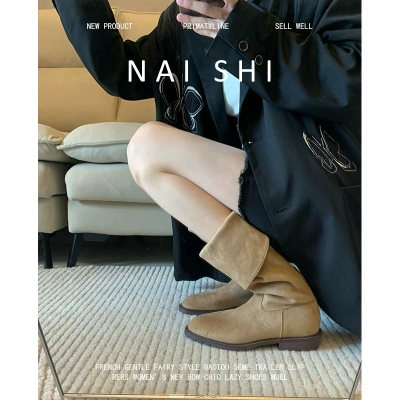Phiên bản da cừu! Giày cao đến đầu gối kiểu cổ điển, có thể mang hai kiểu, giày cao bồi da lộn cao cổ dành cho nữ, giày cưỡi ngựa đế thấp giúp thon gọn.