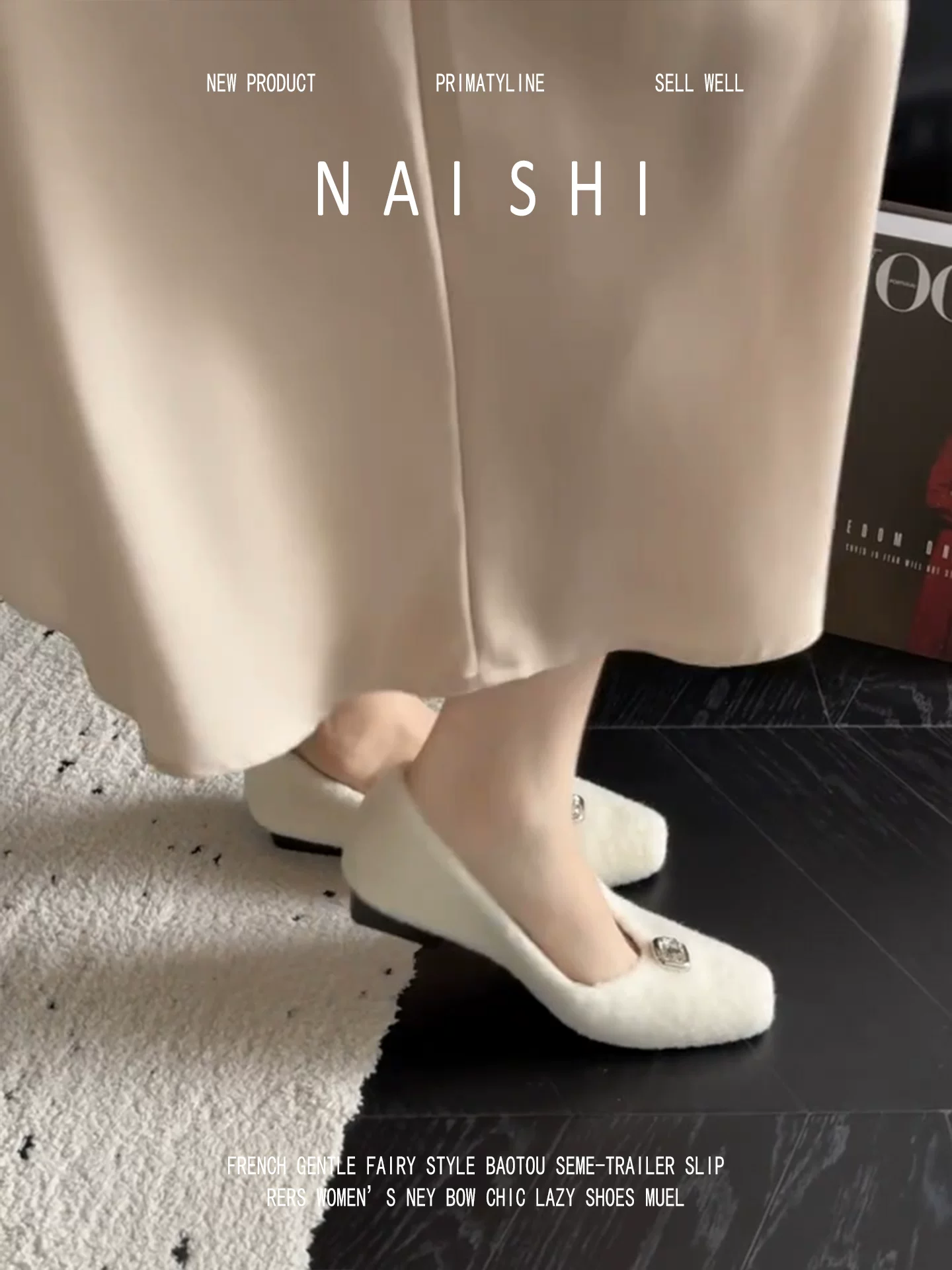 Phiên bản da cừu! Giày đơn bằng len trắng dành cho nữ, mũi vuông, phong cách Chanel thanh lịch, giày Mary Jane lót lông cừu, gót dày, giày lười đính đá.