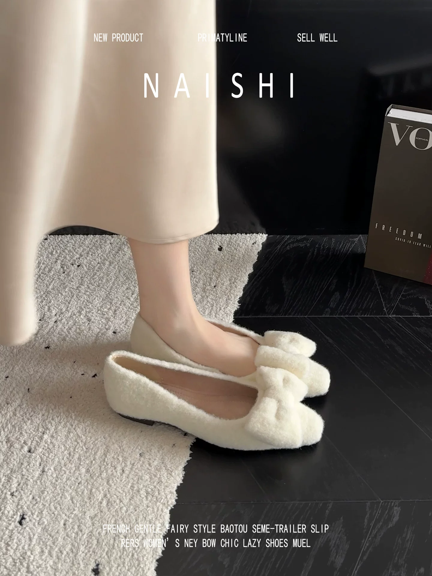 Phiên bản da cừu! Giày lông trắng có nơ nhẹ nhàng, giày đế thấp phối cùng váy, giày Mary Jane lông mềm kiểu Chanel.