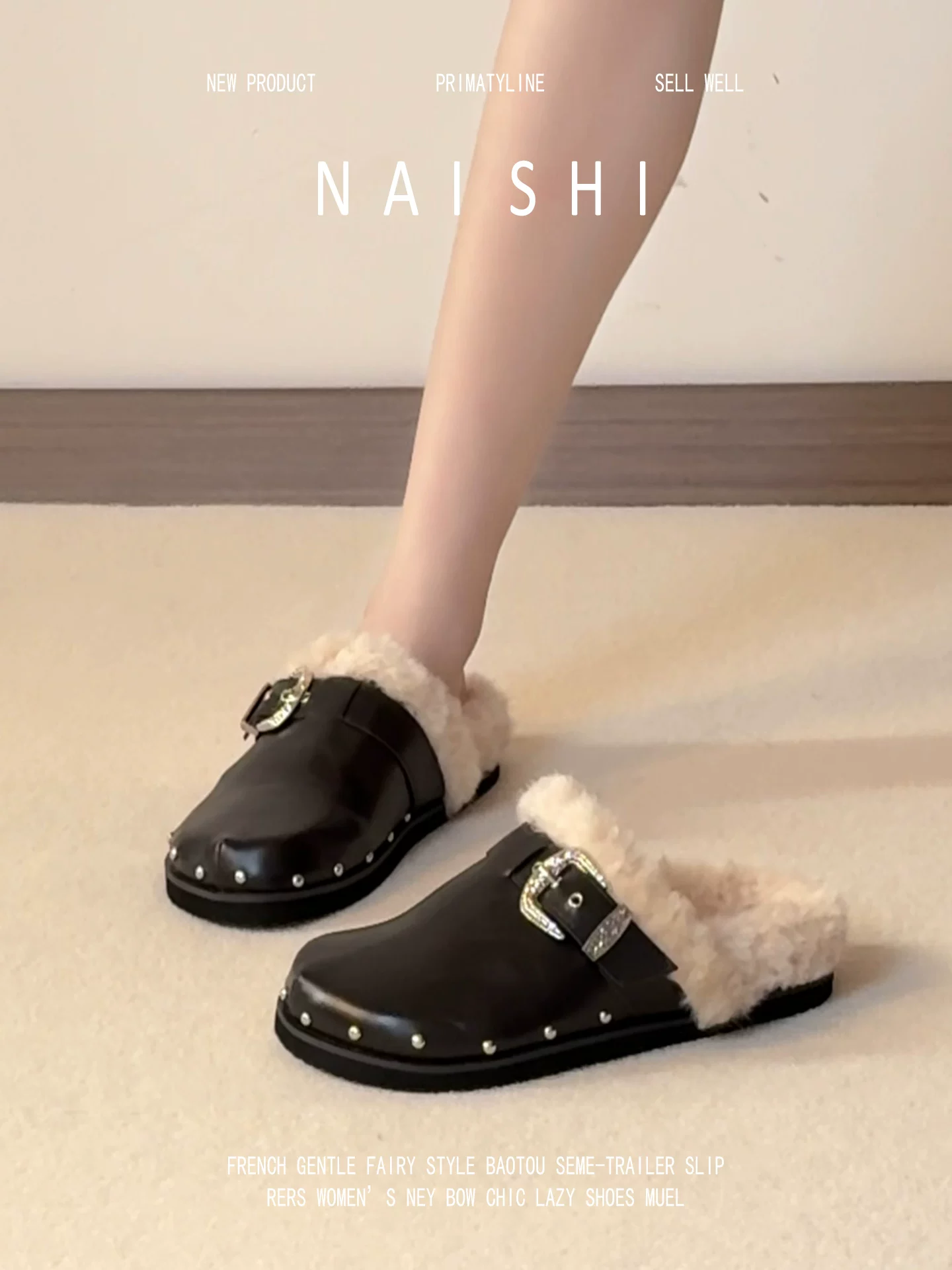 Phiên bản da cừu! Giày Birkenstock lười đi dễ dàng, có lông, trang trí khóa thắt lưng bằng đinh tán, kiểu nửa dép kín mũi, đế dày, dép bông ấm áp.