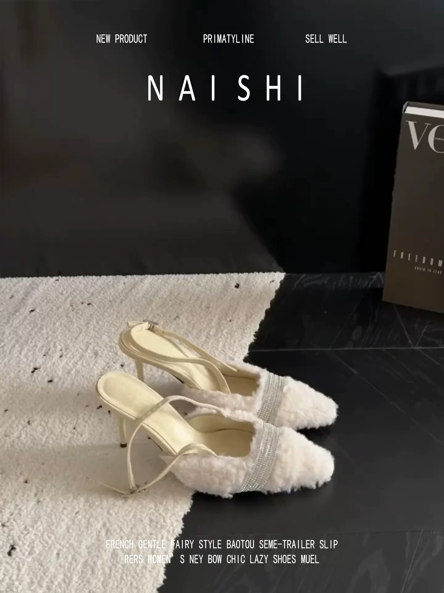 Phiên bản da cừu! Giày cao gót mũi nhọn đính đá phong cách Pháp dành cho nữ, có quai đơn và lưng hở, gót nhọn dành cho các bữa tiệc.