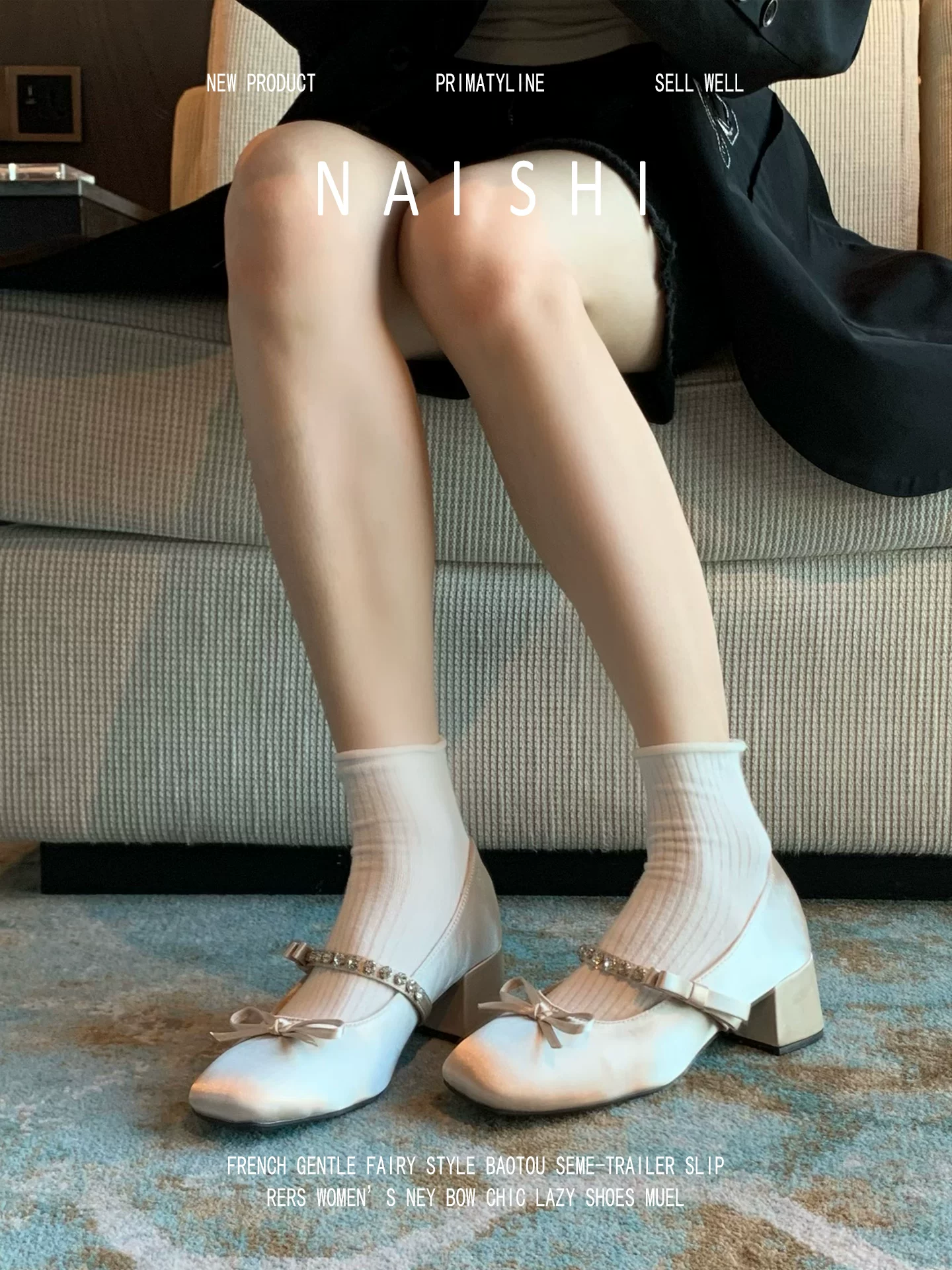 Phiên bản da cừu! Giày satin kiểu múa ba lê Pháp dành cho nữ, mũi vuông, nơ, đính đá, quai đơn, giày Mary Jane gót thô.