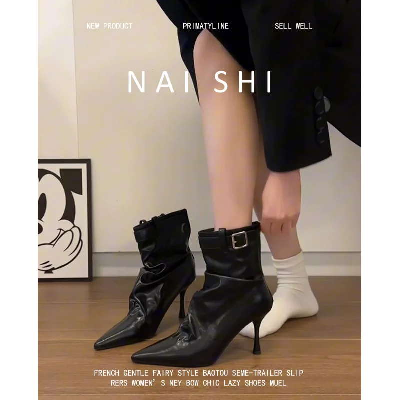 Phiên bản da cừu! Giày bốt cao gót ngắn có khóa thắt lưng thời trang dành cho nữ, mũi nhọn, bốt xếp ly, da thật, gót nhọn thanh lịch, bốt co giãn.