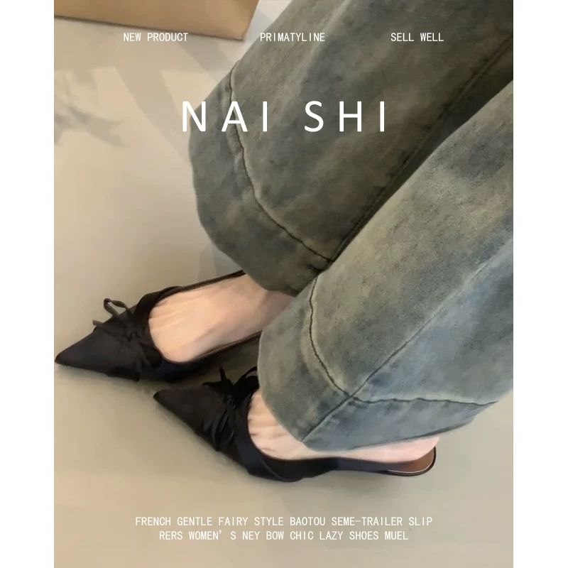 Phiên bản da cừu! Giày cao gót mũi nhọn kiểu Pháp dành cho nữ, có dây quai sau, nơ satin, gót thấp, kiểu sandal kín mũi.