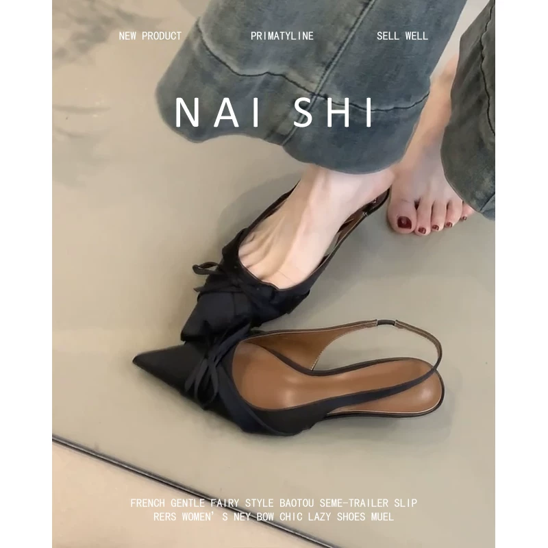 Phiên bản da cừu! Giày cao gót mũi nhọn kiểu Pháp dành cho nữ, có dây quai sau, nơ satin, gót thấp, kiểu sandal kín mũi.
