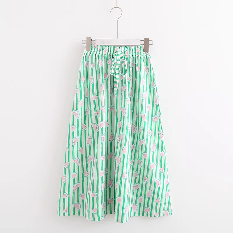 Váy in hình dưa hấu ngọt ngào mùa hè Dream Box 2024, váy nữ dáng chữ A, lưng thun, chất liệu thun, váy dài kẻ sọc