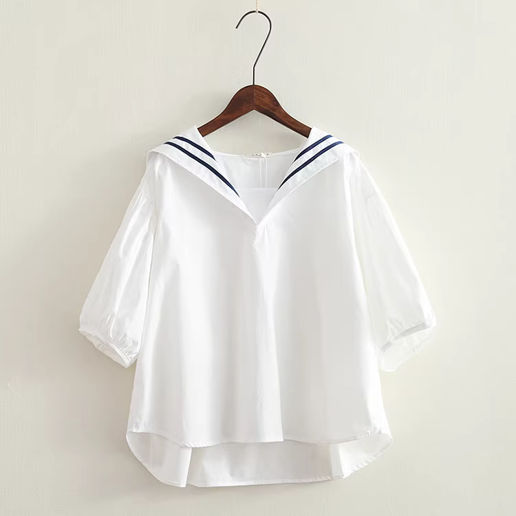 Áo sơ mi nữ phong cách hải quân mùa hè Dream Box 2024, áo sơ mi dáng rộng cổ thủy thủ phối sọc, áo sơ mi size lớn.