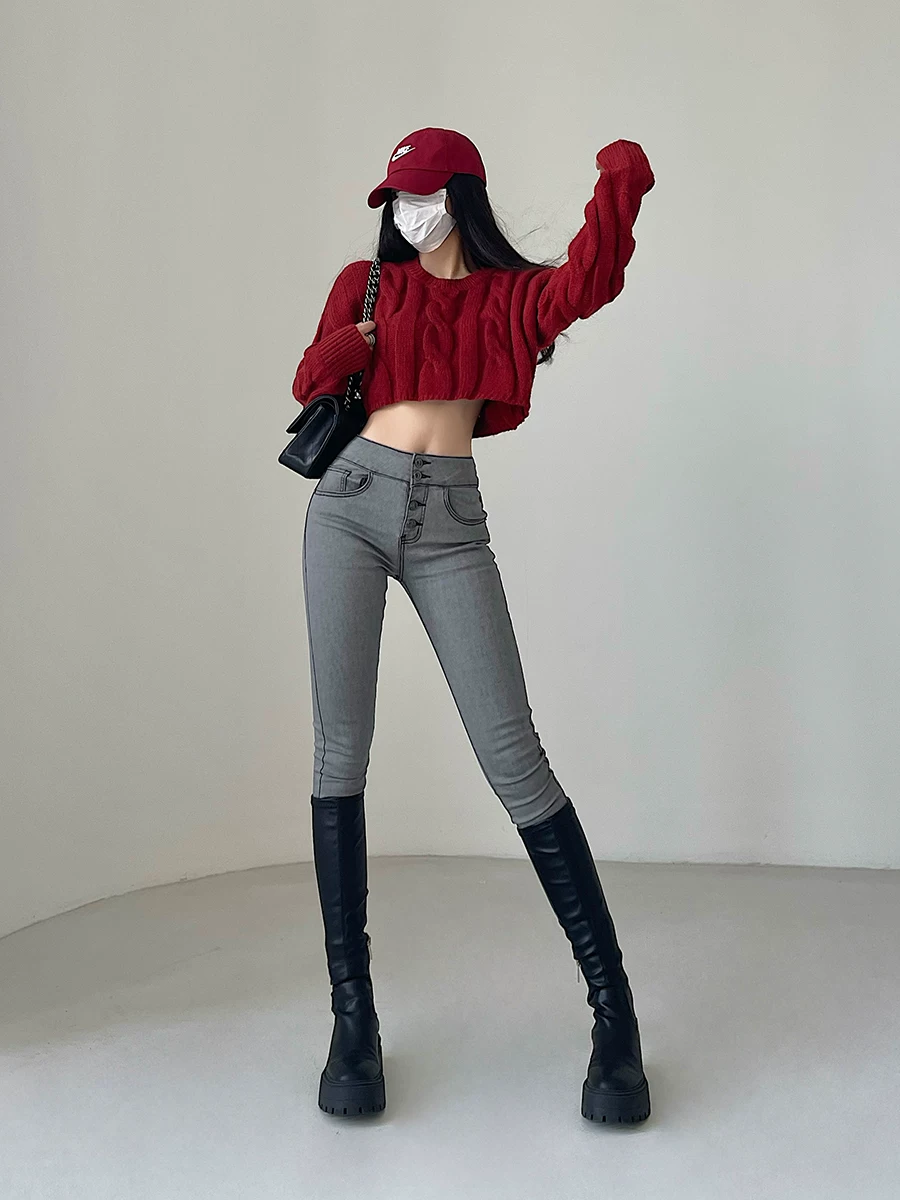 Quần jean nữ YoungGirlDay cạp cao, ôm sát, co giãn, kiểu dáng bút chì, một cúc, gợi cảm