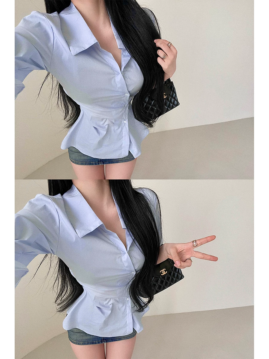 Áo sơ mi có cổ kiểu hoạt hình YoungGirlDay có eo xếp nếp không đều, một hàng khuy, gợi cảm, quyến rũ