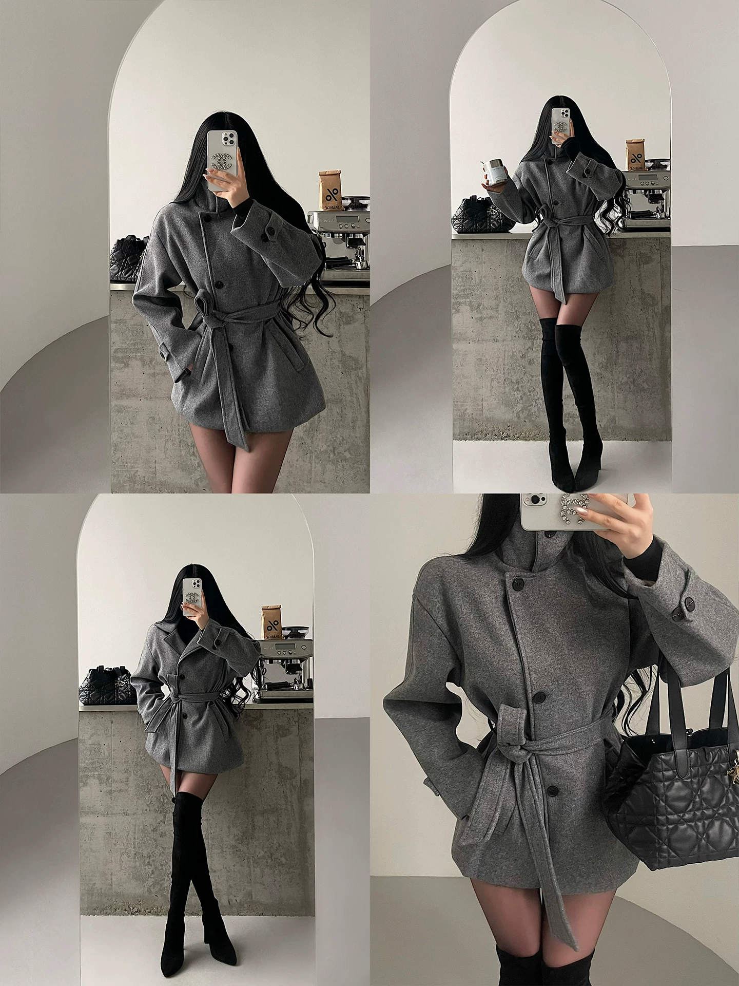 YoungGirlDay Áo khoác len mùa thu đông kiểu Hàn Quốc cổ đứng thông minh, có dây buộc eo, kiểu dáng Hàn Quốc.