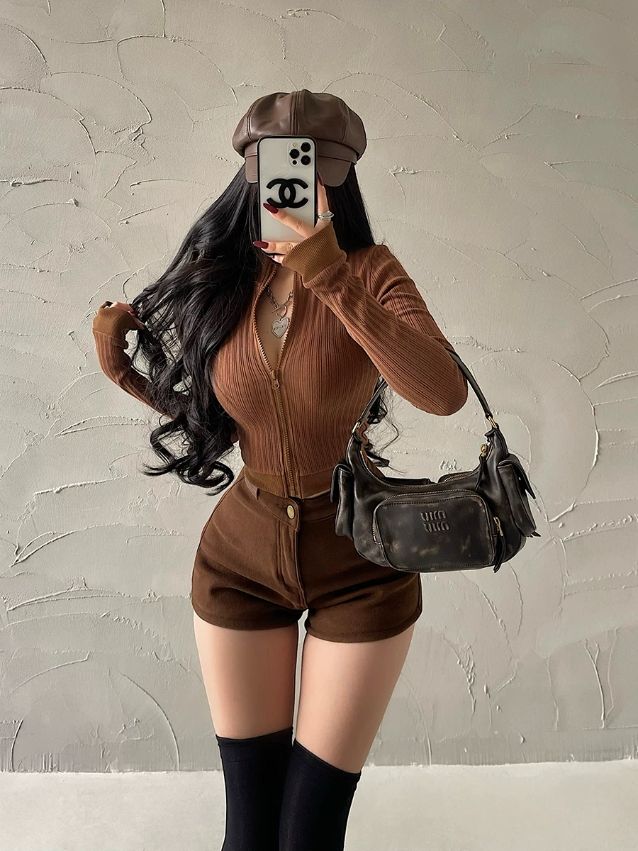 YoungGirlDay Áo khoác cardigan có khóa kéo cổ đứng phong cách châu Âu và Mỹ dành cho cô gái cá tính, áo khoác dệt kim dài tay có gân, dáng ôm vừa vặn