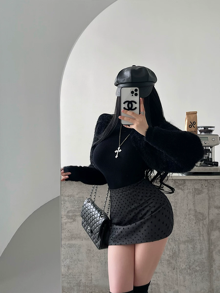 YoungGirlDay khao khát thuần khiết cô gái ngọt ngào gợi cảm váy ngắn ôm sát eo cao bằng nhung chấm bi chống lộ hàng.