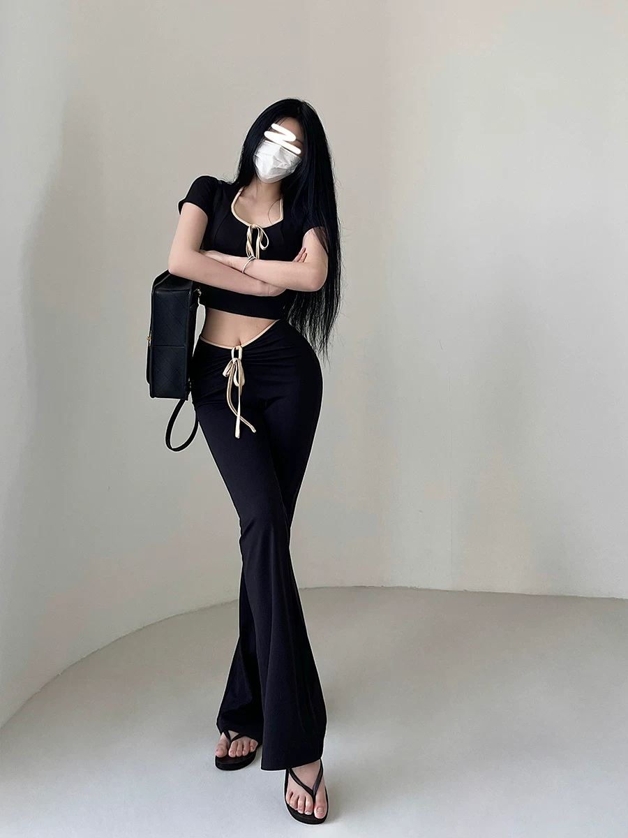 YoungGirlDay Áo thun ngắn tay hở bụng gợi cảm, quần cạp cao có dây buộc, quần dài đến sàn, bộ quần dài