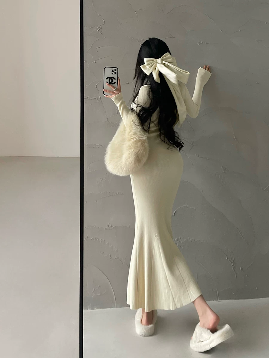 YoungGirlDay khao khát thuần khiết gợi cảm cổ tròn ôm sát tay dài dệt kim bodycon váy đuôi cá váy dài