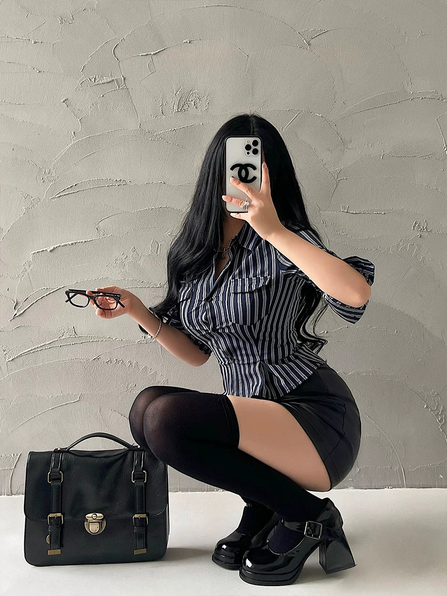 YoungGirlDay hot girl áo sơ mi dài tay sọc dọc thời trang có cổ, dáng ôm vừa vặn, sọc dọc, dành cho nữ