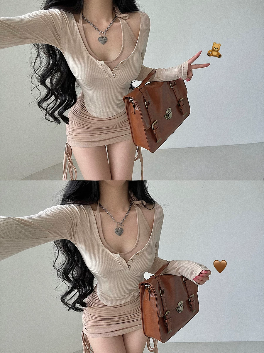 YoungGirlDay Pure Desire Áo thun dài tay gợi cảm có dây rút xếp nếp cổ Halter Bộ váy ôm sát có miếng đệm ngực.