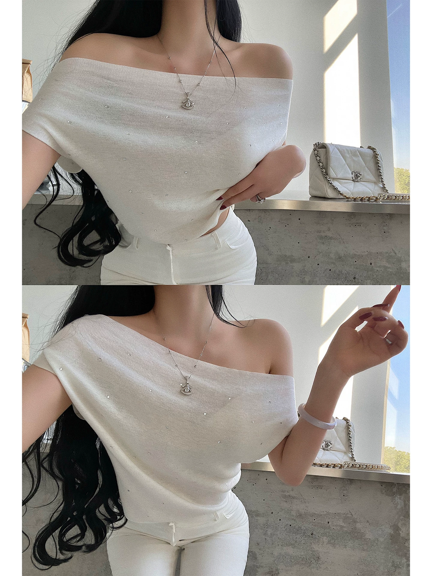 YoungGirlDay Pure Desire Không khí thư thái Áo thun dệt kim dáng rộng lệch vai đính kim cương giả hàng đầu