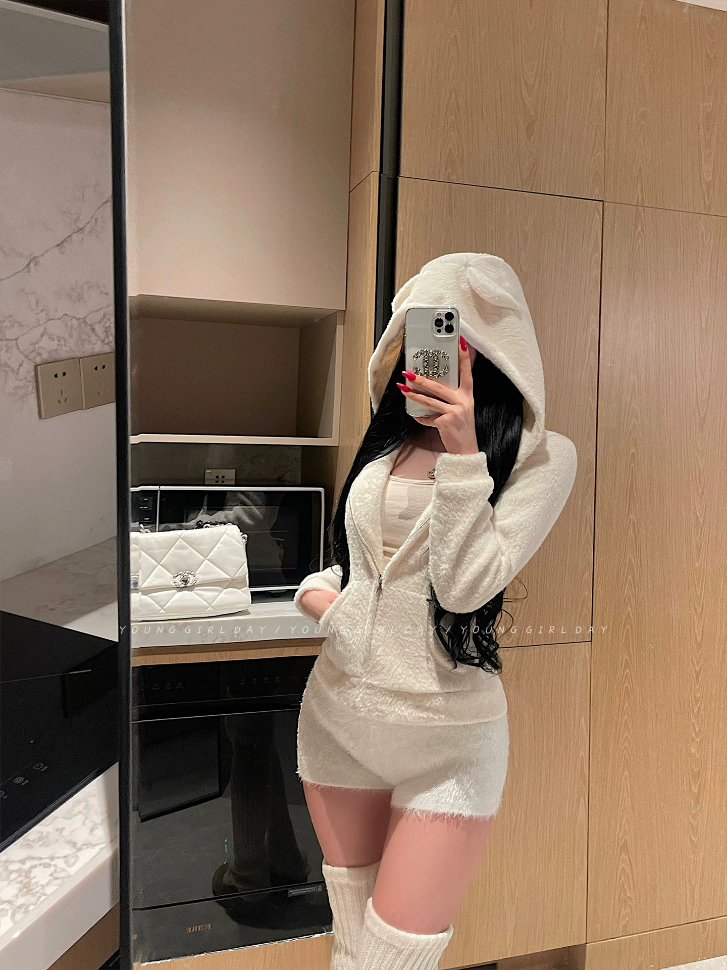 YoungGirlDay khao khát thuần khiết phong cách nhẹ nhàng có mũ trùm tai nhỏ có khóa kéo vừa vặn vừa vặn áo khoác nỉ ấm áp sang trọng