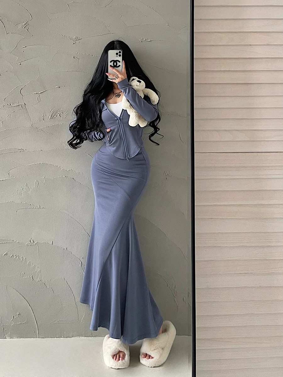 YoungGirlDay pure Desire Sweet Girl Áo cardigan có mũ trùm đầu có khóa kéo, bộ váy đuôi cá cạp cao không đều ôm hông