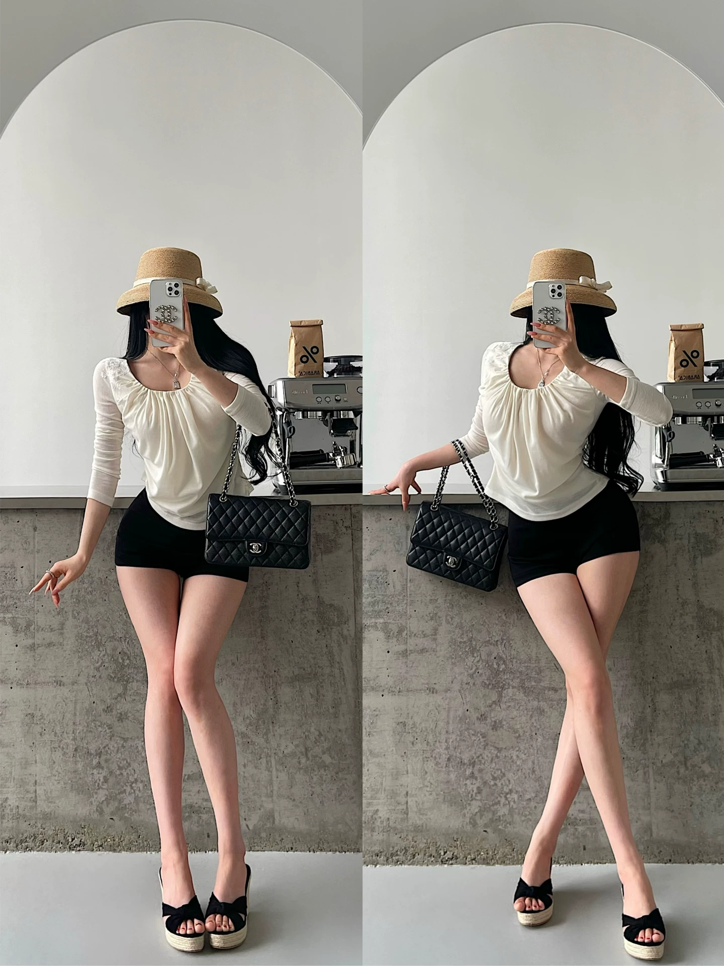 YoungGirlDay khao khát thuần khiết phong cách nhẹ nhàng Cổ chữ U xếp ly hai lớp dáng rộng phối ren thon gọn áo thun dài tay