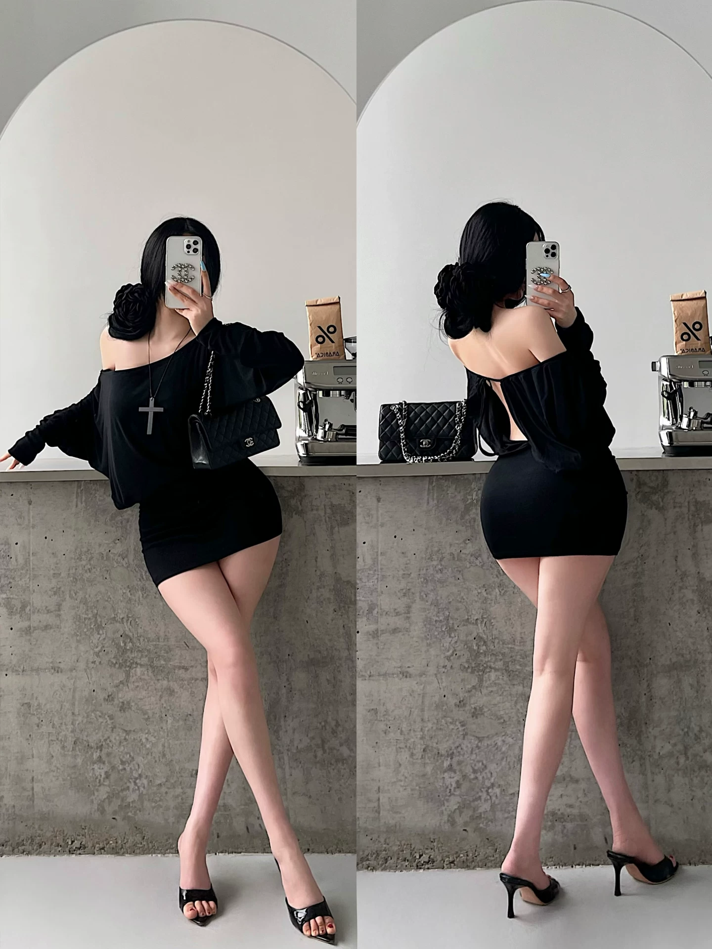 YoungGirlDay khao khát thuần khiết gợi cảm một vai hở lưng dáng rộng giảm béo váy bodycon dài tay xếp nếp váy ngắn