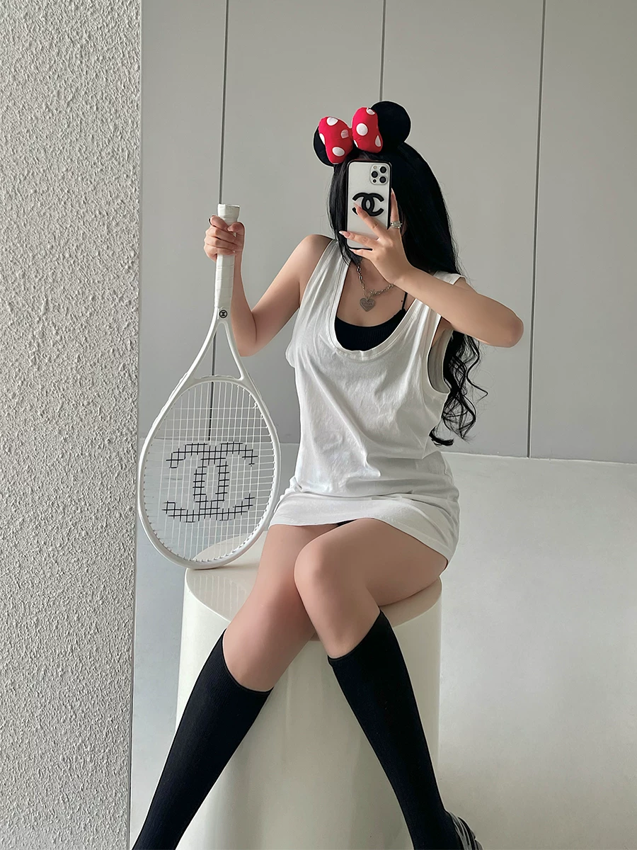 YoungGirlDay hot girl phong cách đường phố Áo vest không tay dài vừa phải cổ chữ U có đệm ngực và bộ áo ống bó sát