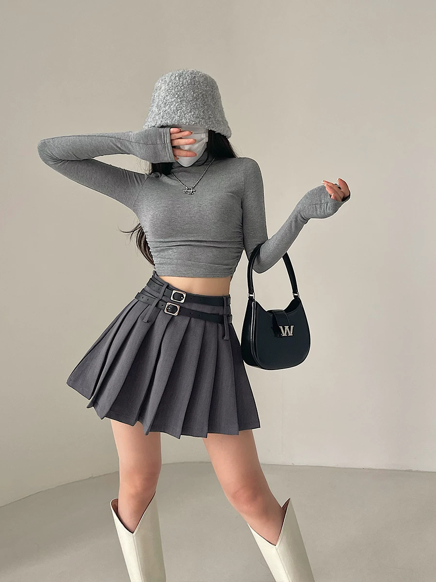YoungGirlDay Váy xếp ly cạp cao phong cách đại học châu Âu và Mỹ có dây đai đôi chống lộ hàng kèm quần short an toàn.