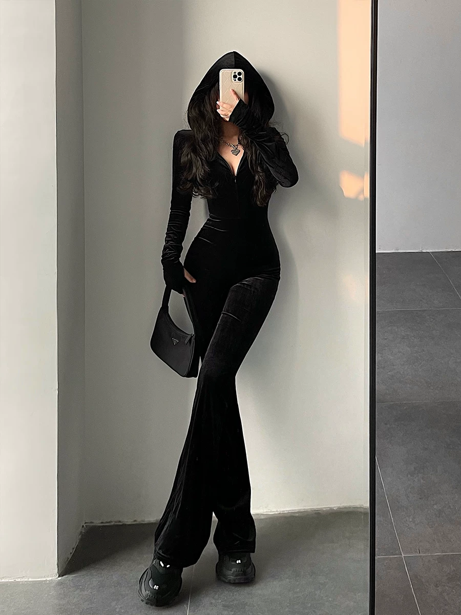 YoungGirlDay Bộ áo liền quần dài tay có mũ trùm đầu bằng vải nhung màu đen thời trang phong cách Âu Mỹ