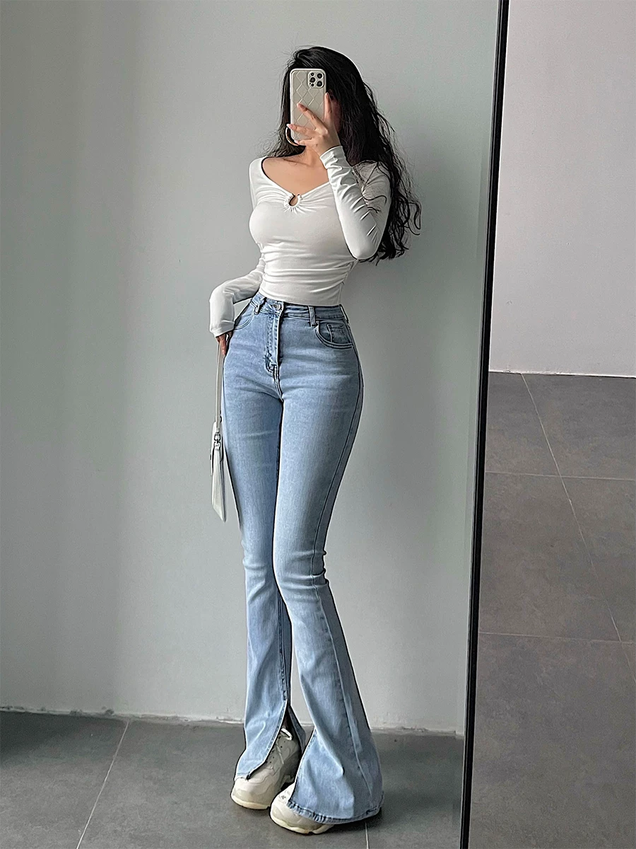 YoungGirlDay Quần jean dài chấm đất kiểu dáng đường phố châu Âu và Mỹ, cạp cao, ôm sát, xẻ tà, tôn dáng chân dài.