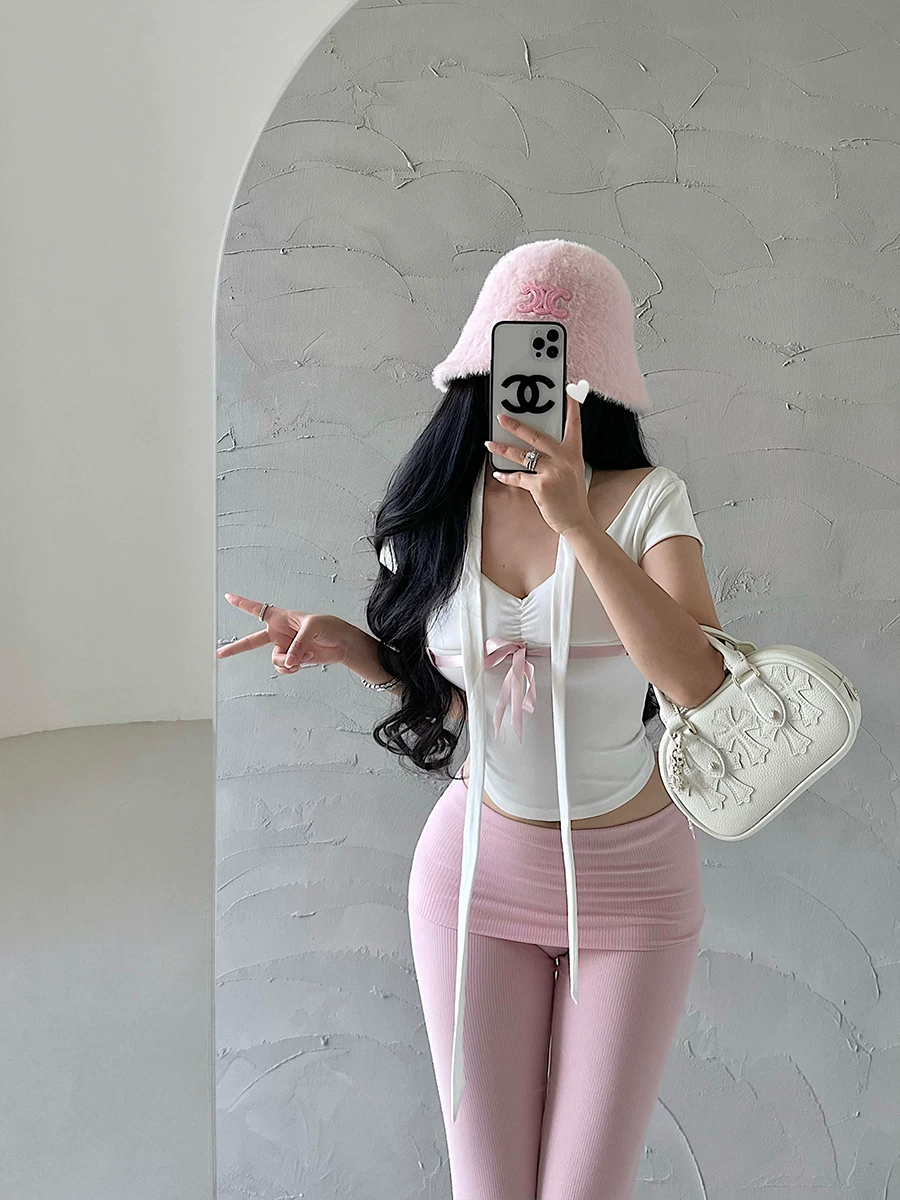 YoungGirlDay khao khát thuần khiết cô gái ngọt ngào gợi cảm cổ chữ V ôm sát cổ áo thắt nơ nơ áo thun ngắn tay