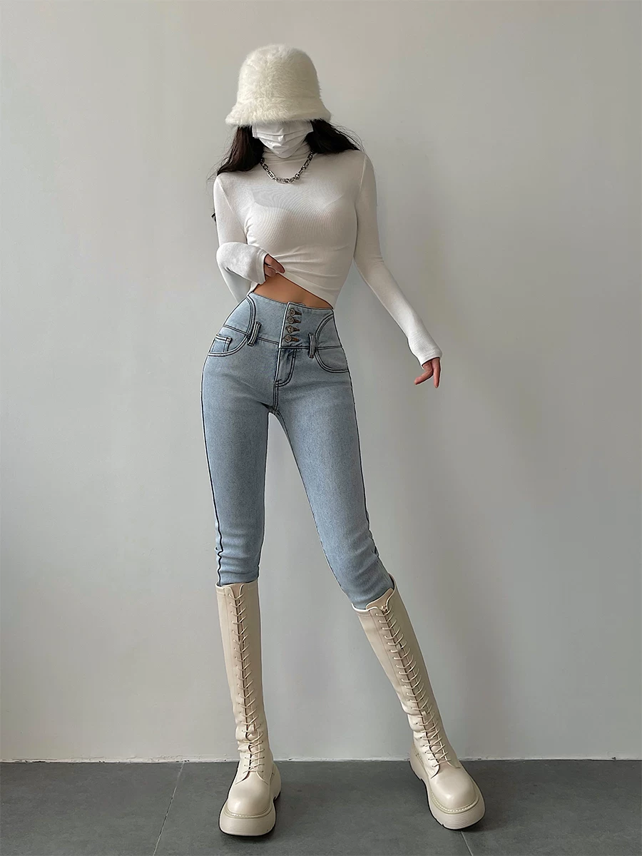 YoungGirlDay Quần dài kiểu Âu Mỹ cạp cao một cúc, ôm sát, nâng mông, quần jean skinny co giãn, quần dài