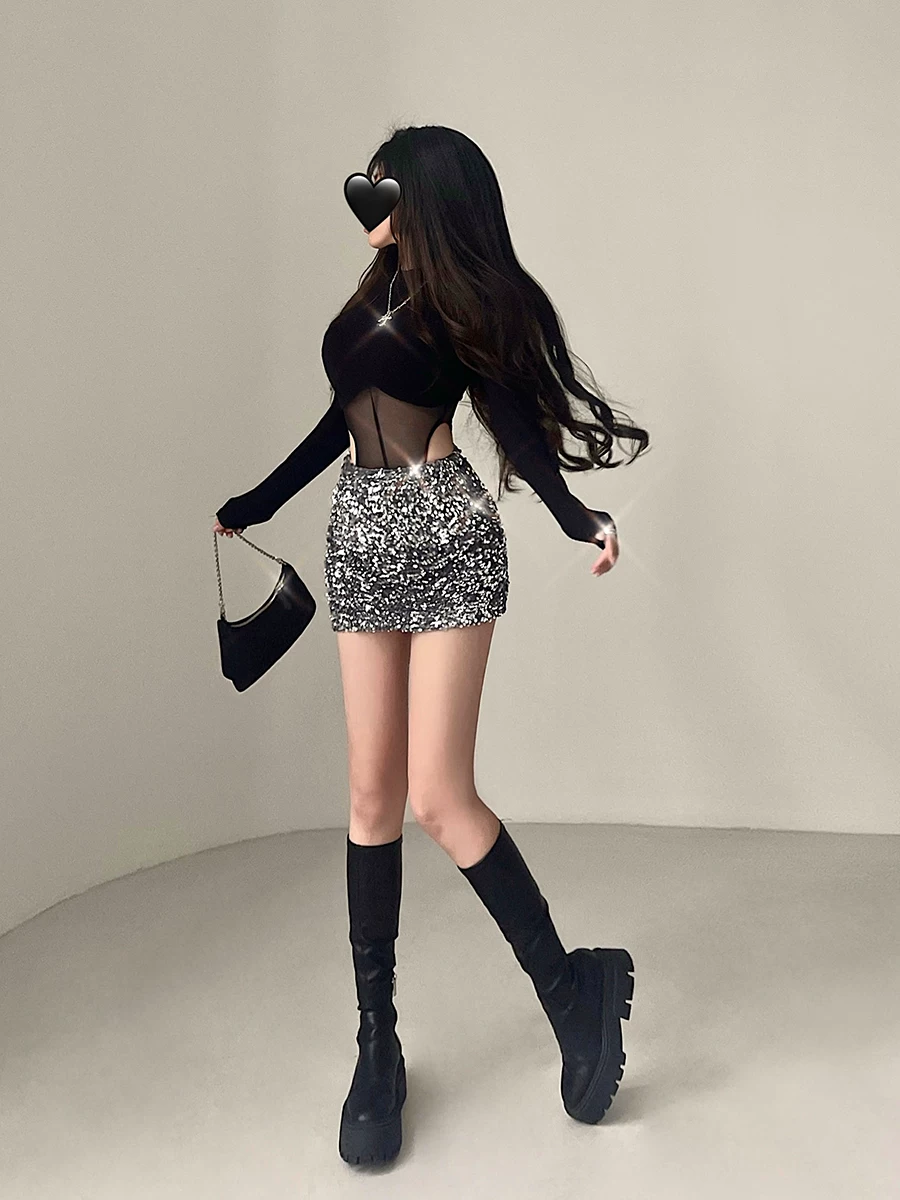 YoungGirlDay Váy ngắn ôm sát eo cao, lấp lánh, gợi cảm và thời trang, chống lộ hàng.