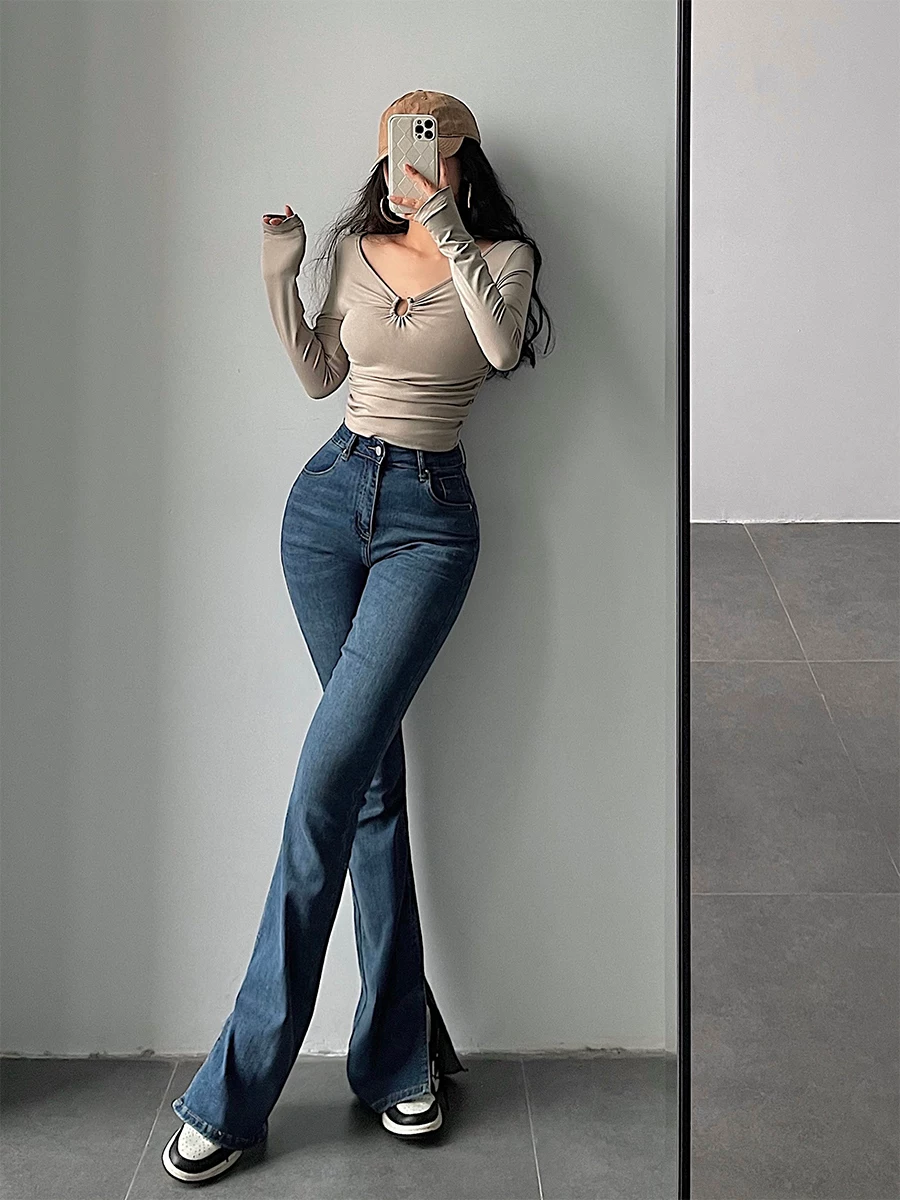 YoungGirlDay Quần jean dài chấm đất kiểu dáng đường phố châu Âu và Mỹ, cạp cao, ôm sát, xẻ tà, tôn dáng chân dài.